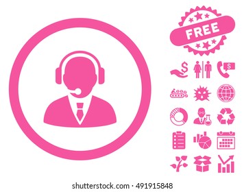 Support Manager icon with free bonus design elements. Vector illustration style is flat iconic symbols, pink color, white background.