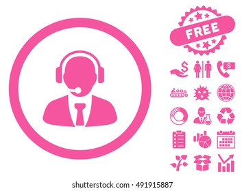 Support Manager icon with free bonus icon set. Vector illustration style is flat iconic symbols, pink color, white background.