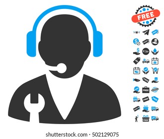 Support Manager icon with free bonus graphic icons. Vector illustration style is flat iconic symbols, blue and gray colors, white background.