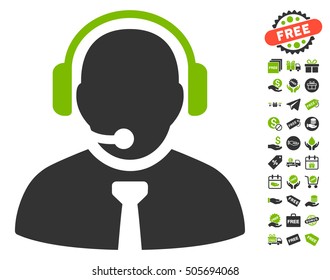 Support Manager icon with free bonus pictures. Vector illustration style is flat iconic symbols, eco green and gray colors, white background.