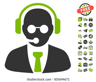 Support Manager icon with free bonus clip art. Vector illustration style is flat iconic symbols, eco green and gray colors, white background.