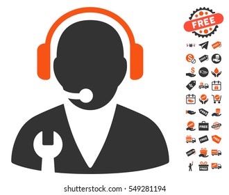 Support Manager icon with free bonus graphic icons. Vector illustration style is flat iconic symbols, orange and gray colors, white background.