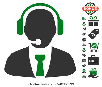Support Manager icon with free bonus graphic icons. Vector illustration style is flat iconic symbols, green and gray colors, white background.
