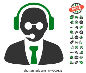 Support Manager icon with free bonus clip art. Vector illustration style is flat iconic symbols, green and gray colors, white background.