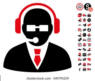 Support Manager icon with free bonus pictograms. Vector illustration style is flat iconic symbols, intensive red and black colors, white background.