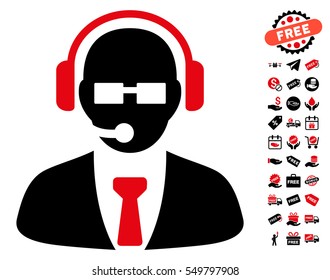 Support Manager icon with free bonus symbols. Vector illustration style is flat iconic symbols, intensive red and black colors, white background.