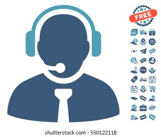Support Manager icon with free bonus pictograms. Vector illustration style is flat iconic symbols, cyan and blue colors, white background.