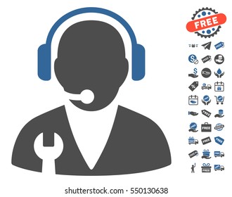 Support Manager icon with free bonus graphic icons. Vector illustration style is flat iconic symbols, cobalt and gray colors, white background.