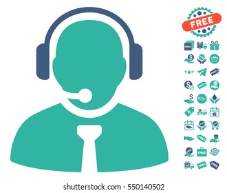 Support Manager icon with free bonus pictograms. Vector illustration style is flat iconic symbols, cobalt and cyan colors, white background.