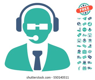 Support Manager icon with free bonus pictograms. Vector illustration style is flat iconic symbols, cobalt and cyan colors, white background.
