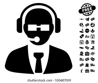 Support Manager icon with free bonus clip art. Vector illustration style is flat iconic symbols, black color, white background.