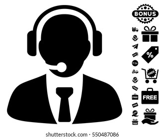 Support Manager icon with free bonus pictograms. Vector illustration style is flat iconic symbols, black color, white background.