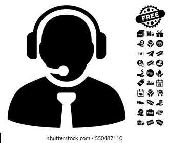 Support Manager icon with free bonus pictograms. Vector illustration style is flat iconic symbols, black color, white background.