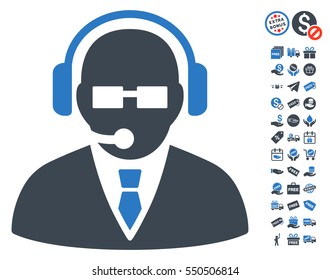 Support Manager icon with free bonus symbols. Vector illustration style is flat iconic symbols, smooth blue colors, white background.