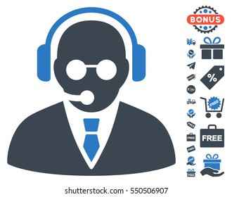 Support Manager icon with free bonus icon set. Vector illustration style is flat iconic symbols, smooth blue colors, white background.