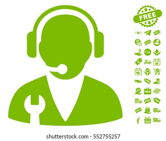 Support Manager icon with free bonus pictograms. Vector illustration style is flat iconic symbols, eco green color, white background.