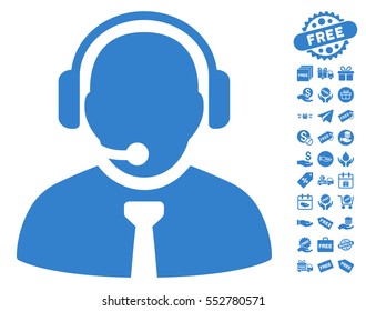Support Manager icon with free bonus design elements. Vector illustration style is flat iconic symbols, cobalt color, white background.