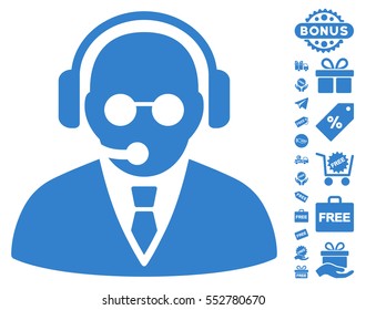 Support Manager icon with free bonus symbols. Vector illustration style is flat iconic symbols, cobalt color, white background.