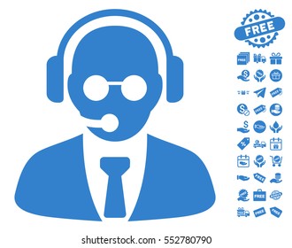 Support Manager icon with free bonus pictograms. Vector illustration style is flat iconic symbols, cobalt color, white background.