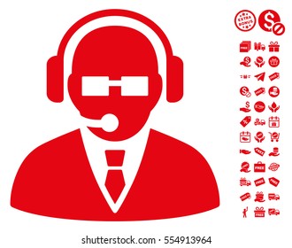 Support Manager icon with free bonus icon set. Vector illustration style is flat iconic symbols, red color, white background.