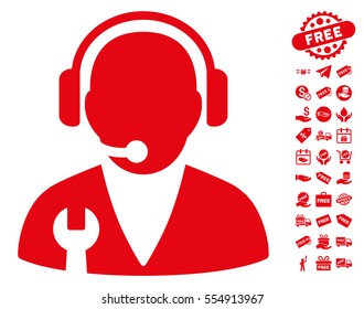 Support Manager icon with free bonus icon set. Vector illustration style is flat iconic symbols, red color, white background.