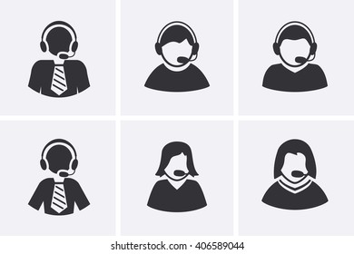 Support Manager Icons set. Men and Women with headphone symbol. Vector set