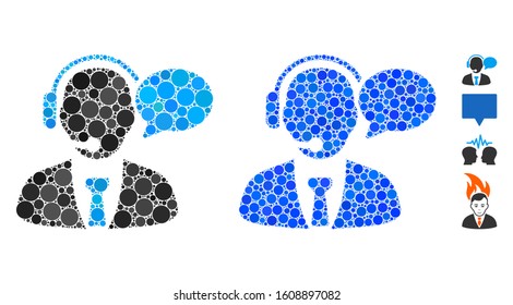 Support manager message composition of spheric dots in various sizes and color tinges, based on support manager message icon. Vector small circles are combined into blue composition.