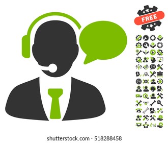 Support Manager Message icon with bonus options graphic icons. Vector illustration style is flat iconic eco green and gray symbols on white background.