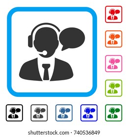 Support Manager Message icon. Flat grey pictogram symbol inside a light blue rounded rectangular frame. Black, gray, green, blue, red, orange color variants of Support Manager Message vector.