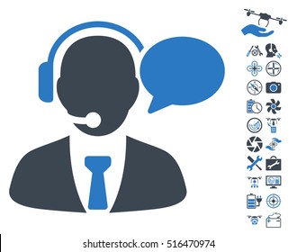 Support Manager Message pictograph with bonus aircopter tools pictures. Vector illustration style is flat iconic symbols on white background.