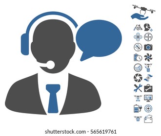 Support Manager Message pictograph with bonus quadrocopter service design elements. Vector illustration style is flat iconic cobalt and gray symbols on white background.