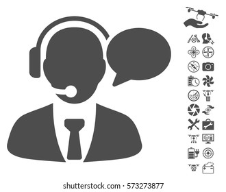 Support Manager Message pictograph with bonus flying drone tools pictures. Vector illustration style is flat iconic symbols on white background.