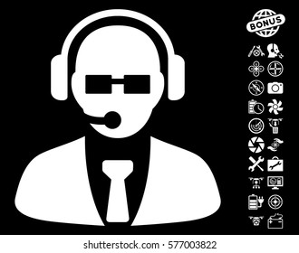 Support Manager pictograph with bonus aircopter service graphic icons. Vector illustration style is flat iconic white symbols on black background.