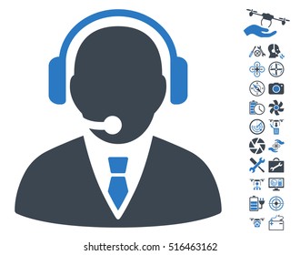 Support Manager pictograph with bonus airdrone tools symbols. Vector illustration style is flat iconic symbols on white background.