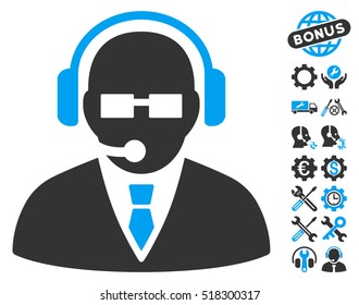 Support Manager pictograph with bonus configuration icon set. Vector illustration style is flat iconic blue and gray symbols on white background.