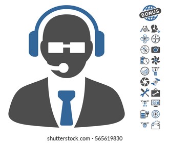 Support Manager pictograph with bonus copter tools pictures. Vector illustration style is flat iconic cobalt and gray symbols on white background.
