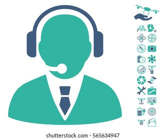 Support Manager pictograph with bonus copter service images. Vector illustration style is flat iconic cobalt and cyan symbols on white background.