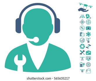 Support Manager pictograph with bonus flying drone service graphic icons. Vector illustration style is flat iconic cobalt and cyan symbols on white background.