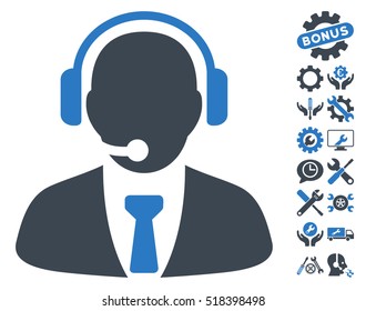 Support Manager pictograph with bonus options images. Vector illustration style is flat iconic smooth blue symbols on white background.