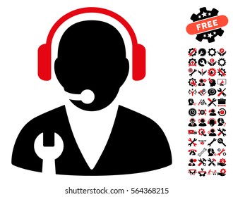 Support Manager pictograph with bonus options symbols. Vector illustration style is flat iconic intensive red and black symbols on white background.