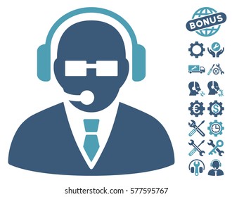 Support Manager pictograph with bonus options design elements. Vector illustration style is flat iconic cyan and blue symbols on white background.