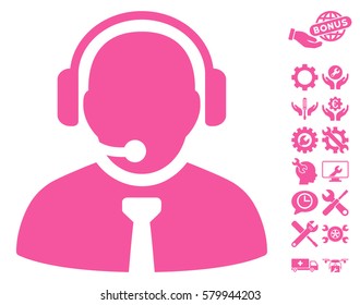 Support Manager pictograph with bonus options icon set. Vector illustration style is flat iconic pink symbols on white background.