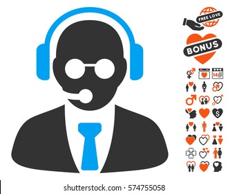 Support Manager pictograph with bonus passion clip art. Vector illustration style is flat iconic symbols for web design, app user interfaces.