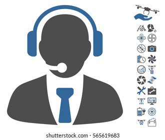 Support Manager pictograph with bonus quadrocopter service pictures. Vector illustration style is flat iconic cobalt and gray symbols on white background.
