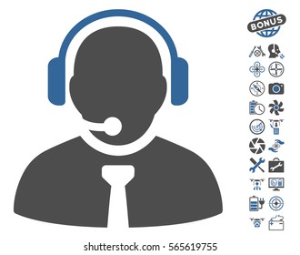 Support Manager pictograph with bonus quadrocopter service graphic icons. Vector illustration style is flat iconic cobalt and gray symbols on white background.
