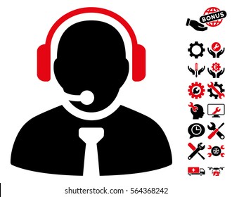 Support Manager pictograph with bonus service symbols. Vector illustration style is flat iconic intensive red and black symbols on white background.