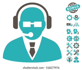 Support Manager pictograph with bonus settings graphic icons. Vector illustration style is flat iconic grey and cyan symbols on white background.