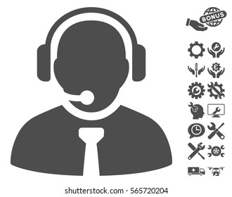Support Manager pictograph with bonus settings design elements. Vector illustration style is flat iconic gray symbols on white background.