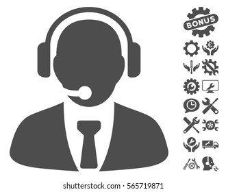 Support Manager pictograph with bonus setup tools images. Vector illustration style is flat iconic gray symbols on white background.