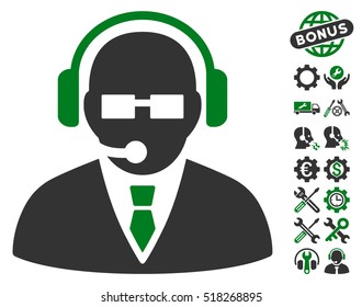 Support Manager pictograph with bonus tools icon set. Vector illustration style is flat iconic green and gray symbols on white background.